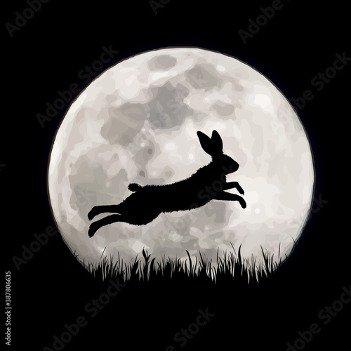 Vector silhouette of jumping hare on moon background. Symbol of night and field animals.