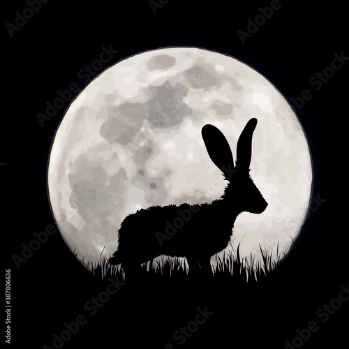 Vector silhouette of hare on moon background. Symbol of night and field animals.