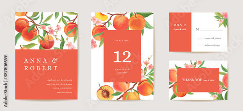 Wedding peach invitation card, vintage botanical Save the Date set. Design template of fruits