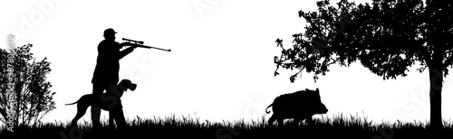 Vector silhouette of hunter with dog hunting wild boar in forest. Symbol of animal and nature. photo