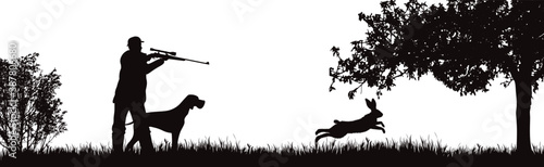 Vector silhouette of hunter with dog hunting hare in forest. Symbol of animal and nature.