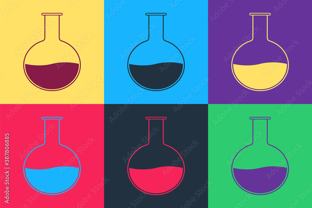 Pop art Test tube and flask - chemical laboratory test icon isolated on color background. Laboratory glassware sign. Vector. Pop art Test tube and flask - chemical laboratory test icon isolated on color background. Laboratory glassware sign. Vector.