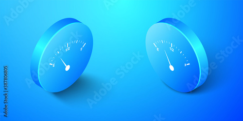Isometric Motor gas gauge icon isolated on blue background. Empty fuel meter. Full tank indication. Blue circle button. Vector.