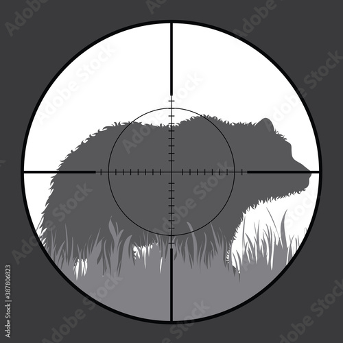 Vector silhouette of bear in rifle sight while hunting. The hunter watches his victim.