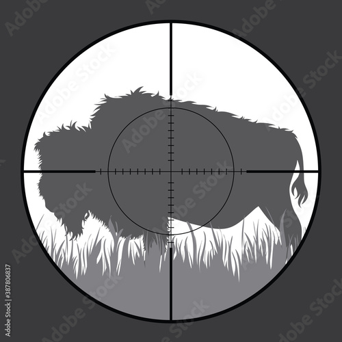 Vector silhouette of bufallo in rifle sight while hunting. The poacher watches his victim. African animal.