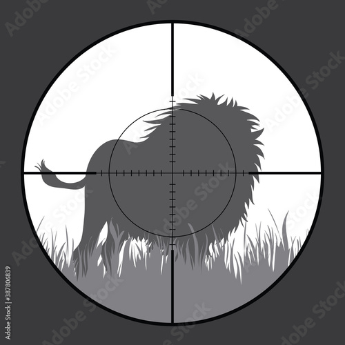 Vector silhouette of lion in rifle sight while hunting. The poacher watches his victim. African animal.