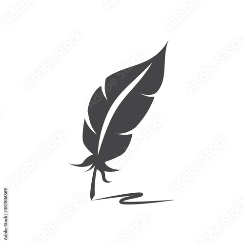 Quill pen with ink trail black vector icon. Bird feather with writing track symbol.