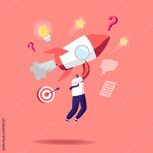 Business Startup Launch, Competition Concept. Businessman Characters Riding Rocket Engine Racing to Financial Success