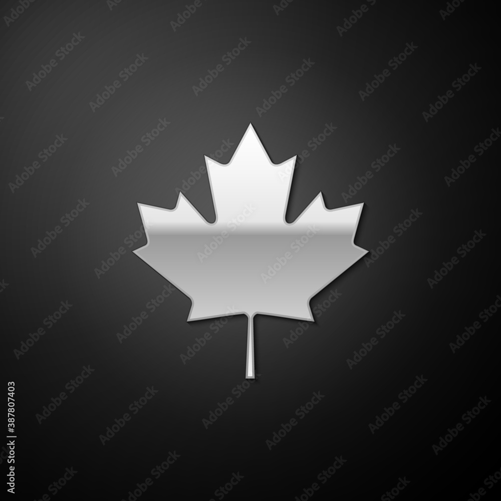Silver Canadian maple leaf icon isolated on black background. Canada symbol maple leaf. Long shadow style. Vector. Silver Canadian maple leaf icon isolated on black background. Canada symbol maple leaf. Long shadow style. Vector.