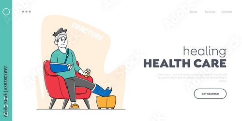 Injured Patient Landing Page Template. Male Character with Bounded Leg, Head and Arm Sit in Armchair at Home or Hospital