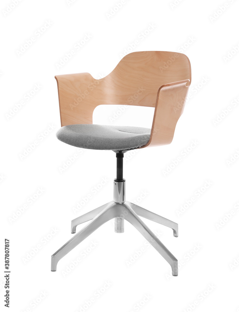 Comfortable office chair with wooden back isolated on white Comfortable office chair with wooden back isolated on white
