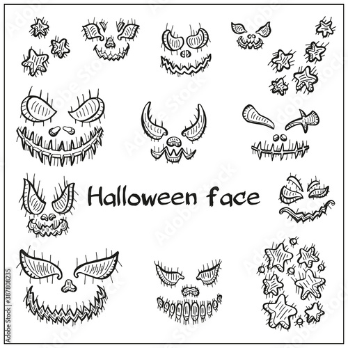 Fototapeta Naklejka Na Ścianę i Meble -  Halloween scary pumpkin carved faces. Vector hand draw illustration on white background. Doodle style.