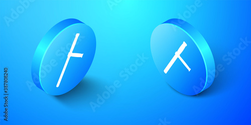 Isometric Police rubber baton icon isolated on blue background. Rubber truncheon. Police Bat. Police equipment. Blue circle button. Vector.