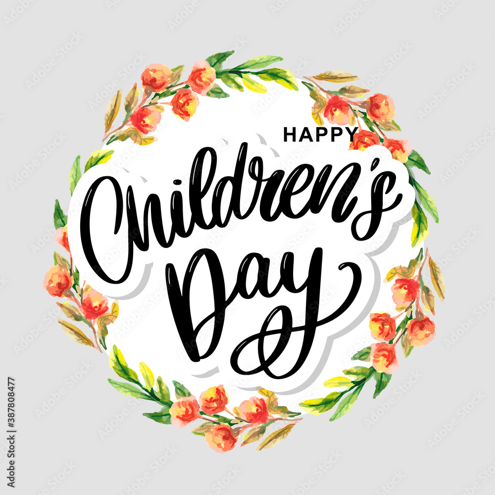 happy children's day, cute vector greeting card with funny letters in scandinavian style and cartoon landscape happy children's day, cute vector greeting card with funny letters in scandinavian style and cartoon landscape