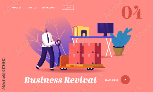 Business Revival Landing Page Template. Businessman Pushing Trolley with Cargo Boxes near Office Desk with Computer