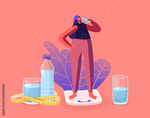 Beautiful Sportswoman Character on Diet Stand on Scales Drinking Water from Bottle Refreshing after Fitness Activity