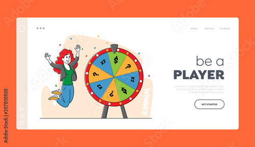 Lucky Woman Character Win Jackpot Landing Page Template. Bingo Lottery, Fortune Wheel in Casino, Gaming House, Raffle
