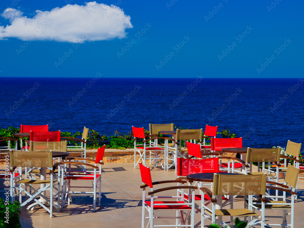 Empty tables in a restaurant in Rethymnon on the Greek island of Crete. The tourists stay away due to the Covid-19 pandemic