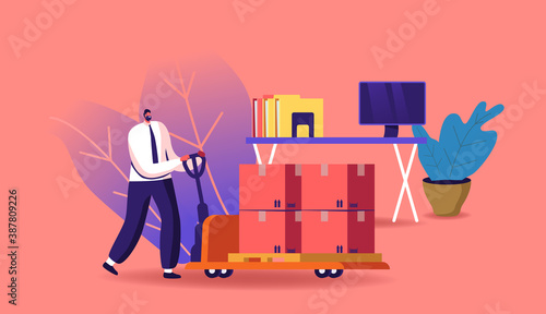 Business Revival. Businessman Character Pushing Manual Trolley with Cargo Boxes near Office Desk with Computer, Crisis
