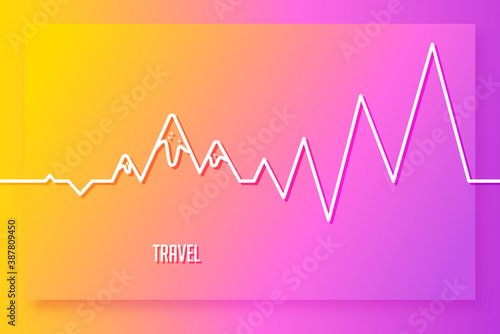 Travel background with pulse and a mountains in linear style. Vector card.