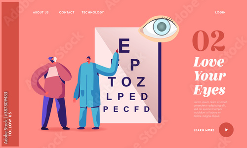 Professional Optician Exam Landing Page Template. Ophthalmologist Doctor Checkup Patient Eyesight for Eyeglasses Diopter