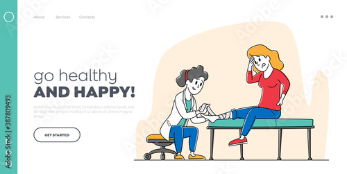 Limb Fracture, Healthcare, Hospital Visit Landing Page Template. Medical Doctor Character Bandage Broken Leg at Clinic