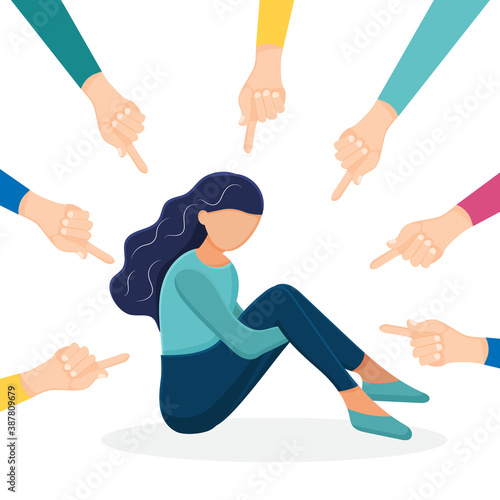 Sad teenage girl sitting on floor surrounded by classmates mocking him, scoffing. Problem of mockery and bullying at school. Flat cartoon colorful vector illustration isolated on white