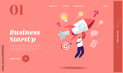 Business Startup Launch, Competition Landing Page Template. Businessman Characters Riding Rocket Racing to Success