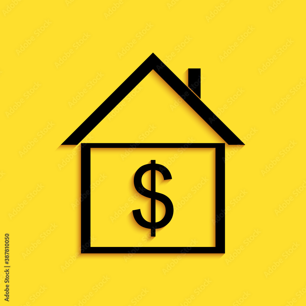 Black House with dollar icon isolated on yellow background. Home and money. Real estate concept. Long shadow style. Vector. Black House with dollar icon isolated on yellow background. Home and money. Real estate concept. Long shadow style. Vector.