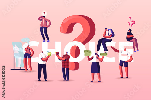 People Making Choice Concept. Tiny Characters Thinking Under Huge Question Mark. Doubts and Confusion, Solving Problem