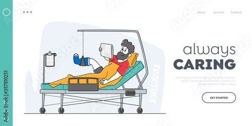 Injured Patient Read Newspaper Landing Page Template. Clinic Chamber with Bandaged Man Lying on Bed with Broken Leg