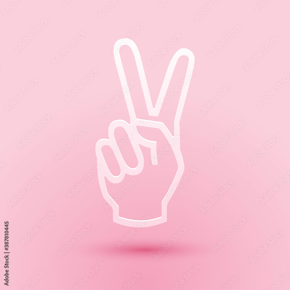 Paper cut Hand showing two finger icon isolated on pink background. Victory hand sign. Paper art style. Vector. Paper cut Hand showing two finger icon isolated on pink background. Victory hand sign. Paper art style. Vector.