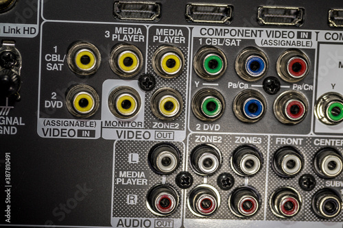 Closeup of the backside of an AV receiver