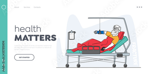 Hospital Traumatology Department Landing Page Template. Senior Male Character Lying in Clinic Chamber with Broken Arm