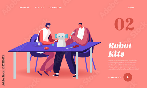 Characters Making Robot at Home Landing Page Template. Robotics Hobby, Hardware and Software Science Engineering