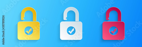 Paper cut Open padlock icon isolated on blue background. Opened lock sign. Cyber security concept. Digital data protection. Safety safety. Paper art style. Vector.