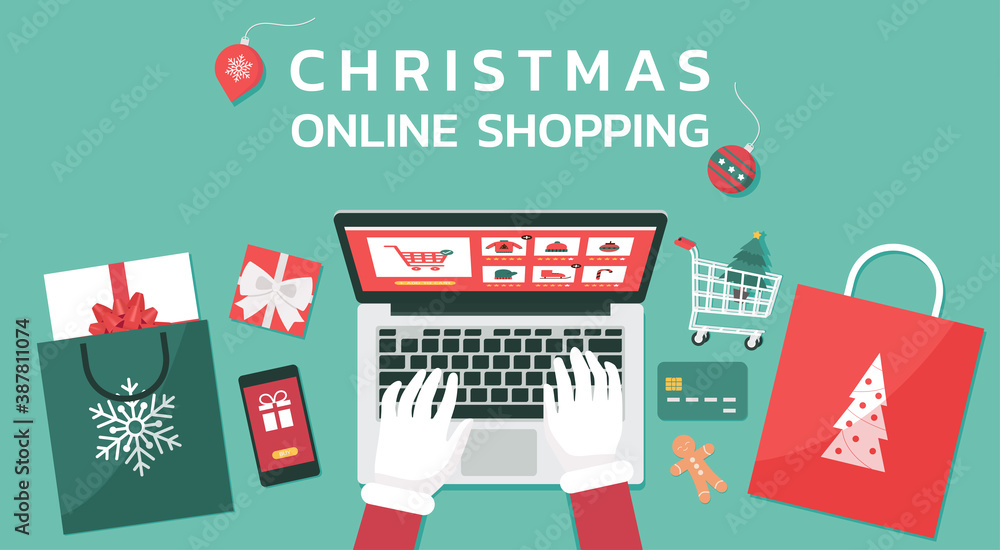 Christmas online shopping top view concept, Santa Claus hand makes order on laptop screen with gift boxes and shopping bags, and text, winter holidays sales, vector flat lay illustration - obrazy, fototapety, plakaty 