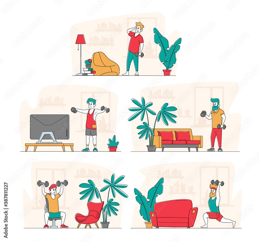 Set of Sportsmen Exercising with Dumbbells Concept. Male Characters in Sportswear Workout with Weight at Home, Sport