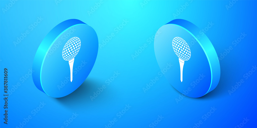 Isometric Golf ball on tee icon isolated on blue background. Blue circle button. Vector. Isometric Golf ball on tee icon isolated on blue background. Blue circle button. Vector.