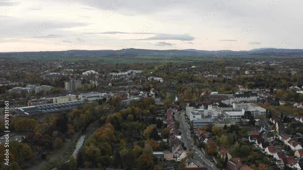Drone Aerial Cityscape of a typical german city. The university town Göttingen aut sunrise on an autumn morning. Drone Aerial Cityscape of a typical german city. The university town Göttingen aut sunrise on an autumn morning.