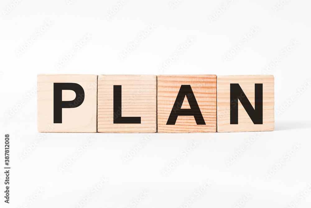 word PLAN on wooden blocks, white background, business concept. business and Finance word PLAN on wooden blocks, white background, business concept. business and Finance