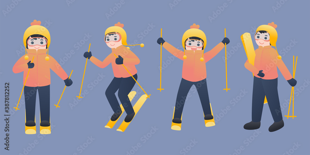 Naklejka premium Boy Character Playing Ski Movements in Winter Suit, Vector, Illustration