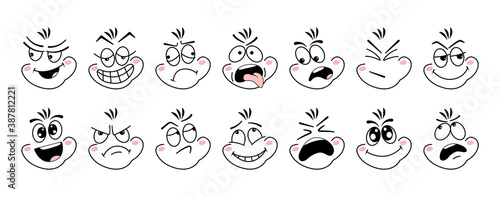 Cartoon face emoji eye. Expressive emotion eyes and mouth, smiling, crying and surprised character face. Emotions of joy, surprise, doubt, gloom, sarcasm, cunning, resentment, embarrassment