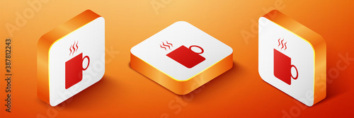 Isometric Coffee cup flat icon isolated on orange background. Tea cup. Hot drink coffee. Orange square button. Vector.
