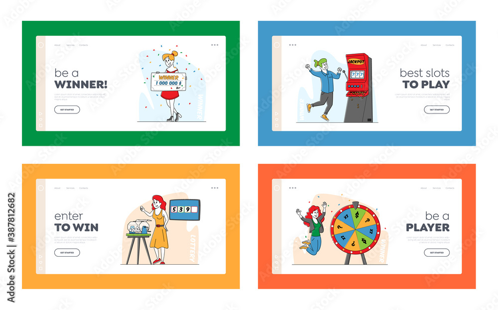Characters Gambling Game Winners Landing Page Template Set. Financial Freedom, Happy People Super Excited Get Jackpot Characters Gambling Game Winners Landing Page Template Set. Financial Freedom, Happy People Super Excited Get Jackpot
