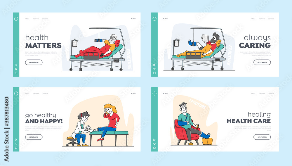 Injured Patients and Doctor Landing Page Template Set. Characters with Fracture Lying on Bed with Bounded Head Injured Patients and Doctor Landing Page Template Set. Characters with Fracture Lying on Bed with Bounded Head