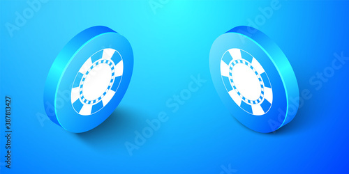 Isometric Casino chip icon isolated on blue background. Blue circle button. Vector.