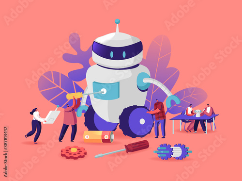 Cyborg Creating Process, Robotics Hobby. Characters Set Up Huge Robot. Artificial Intelligence Assembly Technology