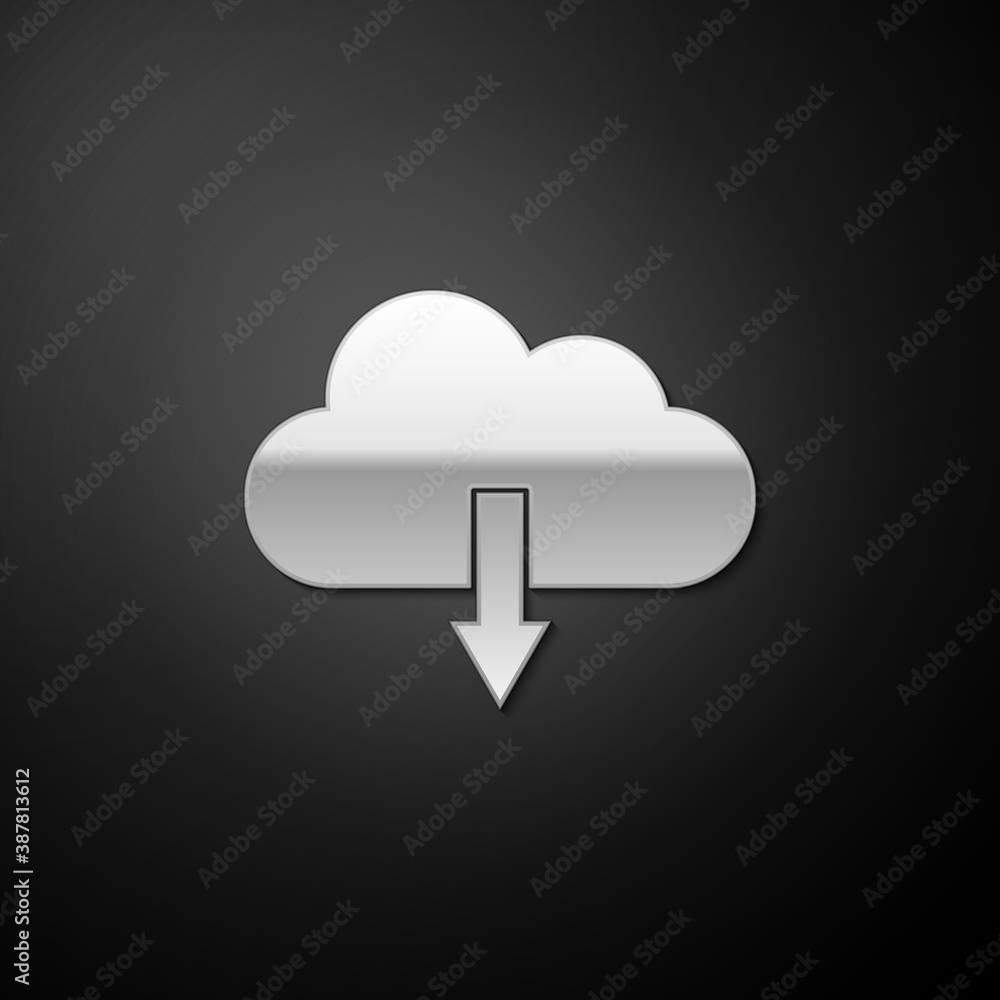 Silver Cloud download icon isolated on black background. Long shadow style. Vector. Silver Cloud download icon isolated on black background. Long shadow style. Vector.