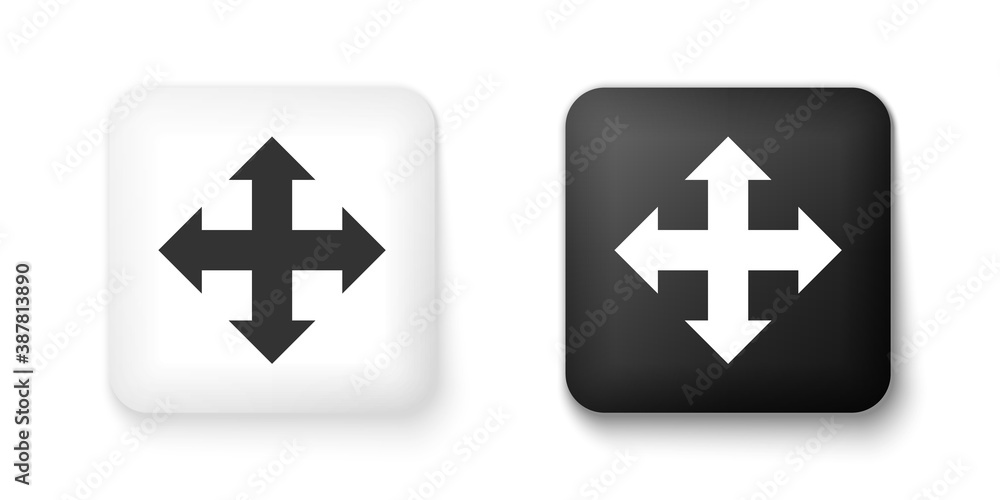 Black and white Arrows in four directions icon isolated on white background. Square button. Vector. Black and white Arrows in four directions icon isolated on white background. Square button. Vector.